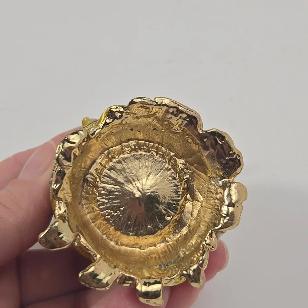 Vintage Gold Tone Rhinestone Pineapple Trinket Box Enameled Hinged Jewelry Case